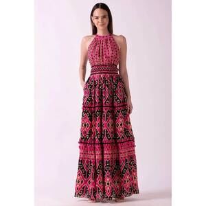 NEW ASH & EDEN larysa ruffled tiered dress in pink /black/tan print